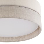 Lampa sufitowa Eco D45 w stylu 3-punktowym, okrągła, z beżowym abażurem z tkaniny, z białym, matowym kloszem. Widok z góry, ukazujący detale materiału i wykończenia.