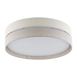 Lampa sufitowa Eco D60 4-punktowa w okrągłym kształcie, z jasnym materiałem tekstylnym w odcieniach bieli i beżu, z miękkim wykończeniem. Widoczna biała, matowa pokrywa. Produkt zawieszony w pozycji poziomej.