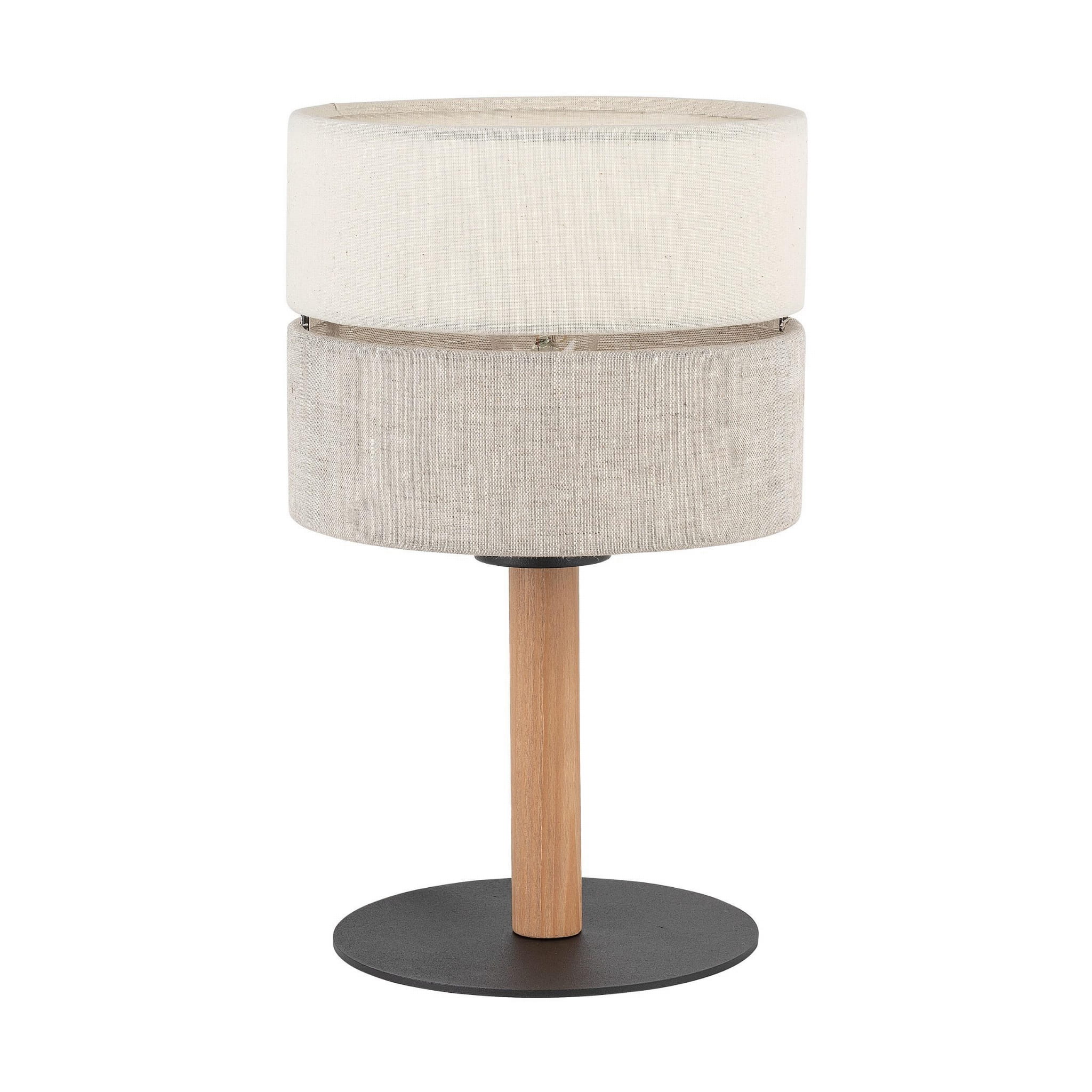 Eco lampa stołowa 1-punktowa 5596 z dwoma abażurami w odcieniach jasnego beżu, drewnianą nogą oraz czarną podstawą. Stoi na płaskiej powierzchni, prezentując nowoczesny design.