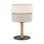 Eco lampa stołowa 1-punktowa 5596 z dwoma abażurami w odcieniach jasnego beżu, drewnianą nogą oraz czarną podstawą. Stoi na płaskiej powierzchni, prezentując nowoczesny design.