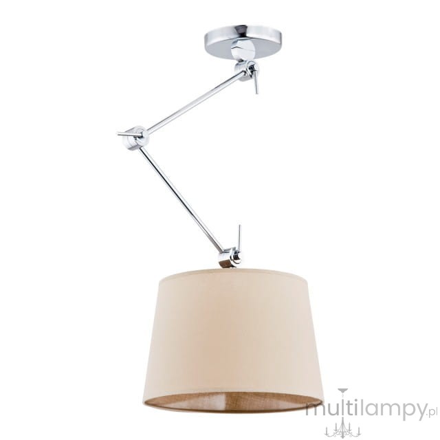 Lampa wisząca Zakyntos 1-punktowa w kolorze chromu i beżu. Posiada okrągły klosz z tkaniny w odcieniu beżowym, zawieszony na regulowanym metalowym ramieniu. Ujęcie z boku, pokazujące detal konstrukcji i stylowy design.