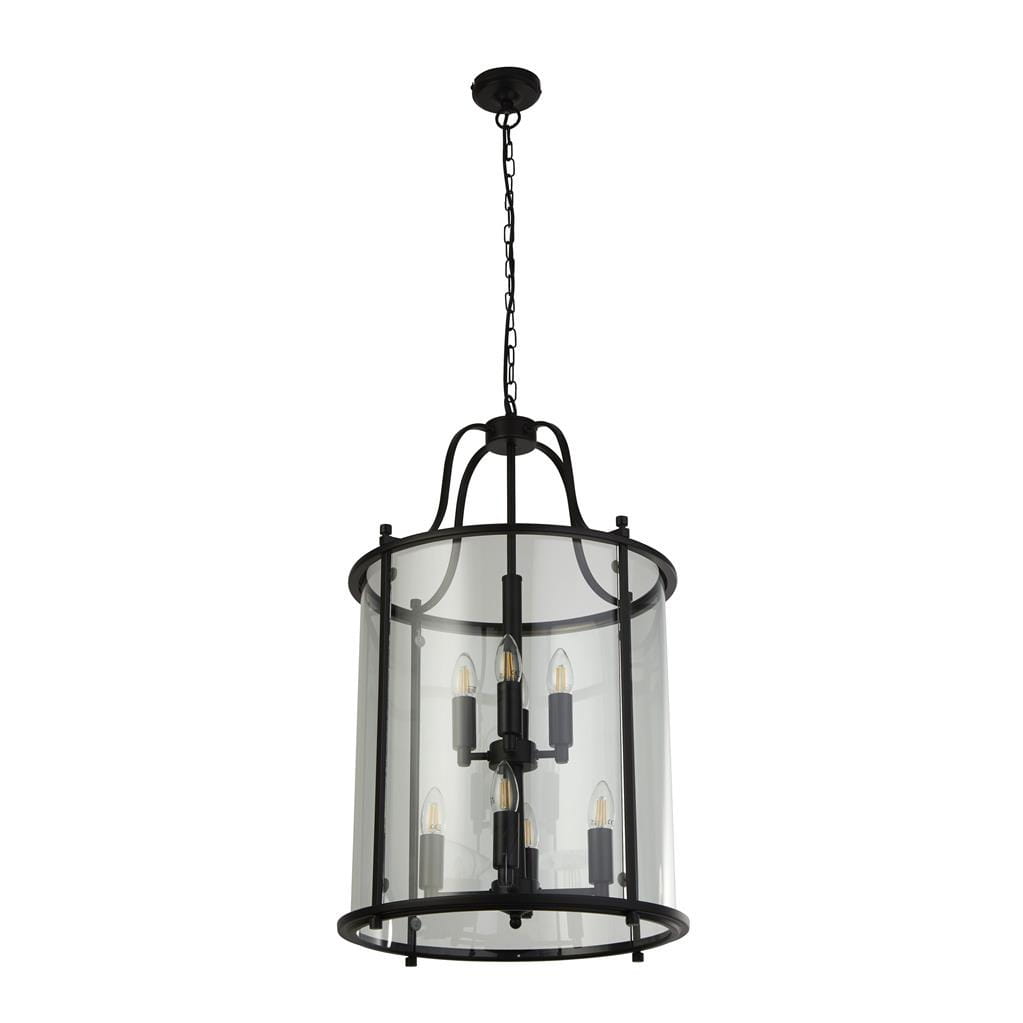 Czarna lampa wisząca Lantern Grande, 8-punktowa, z przezroczystym kloszem. Widok z góry, zawieszona na łańcuchu. Wewnątrz widoczne cztery źródła światła, metalowa konstrukcja z dekoracyjnymi detalami. Idealna do nowoczesnych wnętrz.