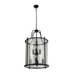 Czarna lampa wisząca Lantern Grande, 8-punktowa, z przezroczystym kloszem. Widok z góry, zawieszona na łańcuchu. Wewnątrz widoczne cztery źródła światła, metalowa konstrukcja z dekoracyjnymi detalami. Idealna do nowoczesnych wnętrz.