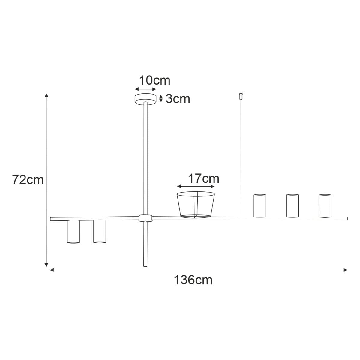 Kwietnik lampa wisząca Rocco, 5-punktowa, czarna. Ułożona poziomo, z centralnym uchwytem i pięcioma miejscami na doniczki. Wymiary: 136 cm szerokości, 72 cm wysokości, z odległością 17 cm do doniczki. Prosta, nowoczesna konstrukcja.