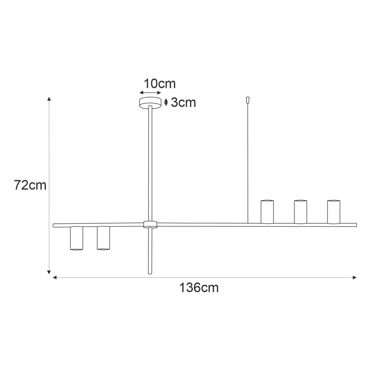 Lampa wisząca Rocco 5-punktowa w kolorze czarnym, o wymiarach 136 cm szerokości i 72 cm wysokości. Posiada prostą konstrukcję z pięcioma cylindrycznymi kloszami. Montaż sufitowy, elegancki design.