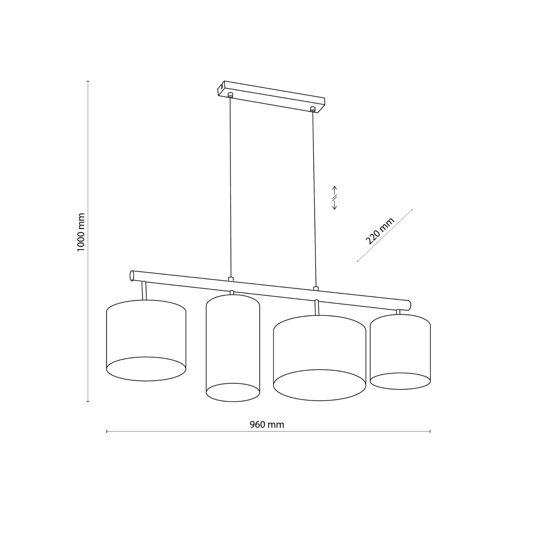 Lampa wisząca Deva Nature 4-punktowa, z metalową belką i czterema cylindrycznymi kloszami. Wymiary: długość 960 mm, wysokość 1000 mm, odległość od sufitu 220 mm. Prosta konstrukcja, idealna do nowoczesnych wnętrz.