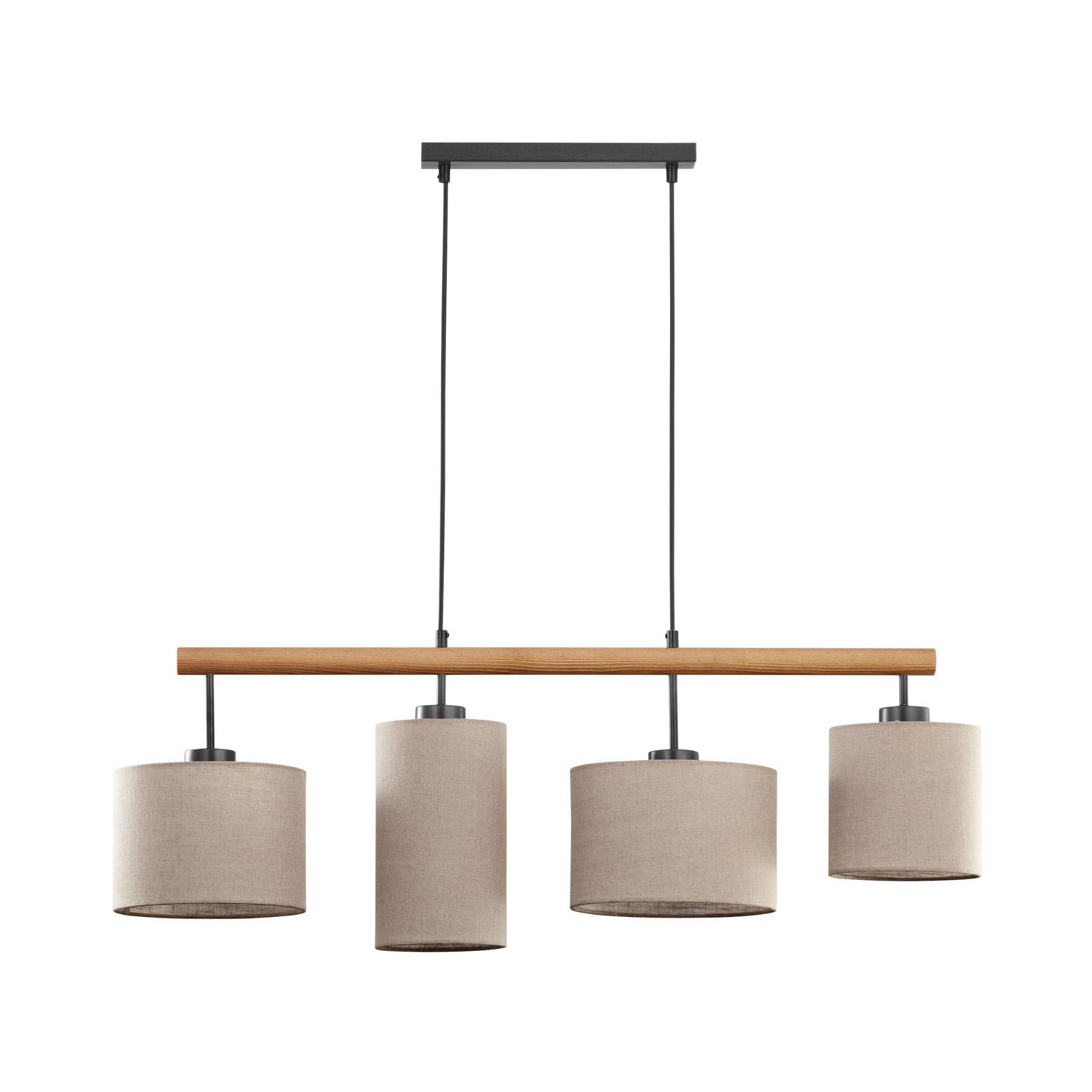 Lampa wisząca Deva Nature 4-punktowa, z drewnianym elementem w kolorze jasnego drewna oraz czterema cylindrycznymi kloszami z beżowego materiału. Klosze zawieszone na czarnych linkach, w prostokątnym metalowym elemencie mocującym.