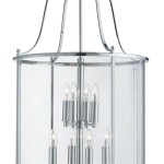 Lampa wisząca Lantern Grande w chromie, 12-punktowa, z przezroczystym kloszem. Widoczna konstrukcja z metalowymi elementami i szklanym wykończeniem, z oświetleniem w formie eleganckich żarówek. Ujęcie z góry, pokazujące detal i kształt lampy.