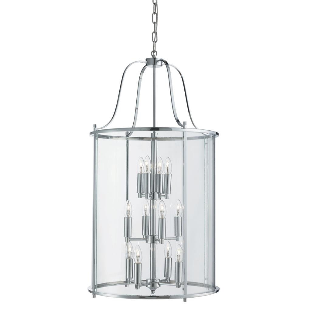 Lampa wisząca Lantern Grande z 12 punktami świetlnymi, chromowana, z przezroczystym kloszem. Okrągły kształt z metalowymi elementami, zawieszona na łańcuchu. Wnętrze eksponuje żarówki w stylu świec.