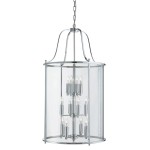 Lampa wisząca Lantern Grande z 12 punktami świetlnymi, chromowana, z przezroczystym kloszem. Okrągły kształt z metalowymi elementami, zawieszona na łańcuchu. Wnętrze eksponuje żarówki w stylu świec.