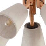 Vaio lampa sufitowa 5-punktowa czarna, z pięcioma kloszami z jasnego materiału, zawieszona na drewnianej konstrukcji. Widoczna żarówka w jednym z kloszy. Klosze mają stożkowy kształt, mocowanie w kolorze czarnym.