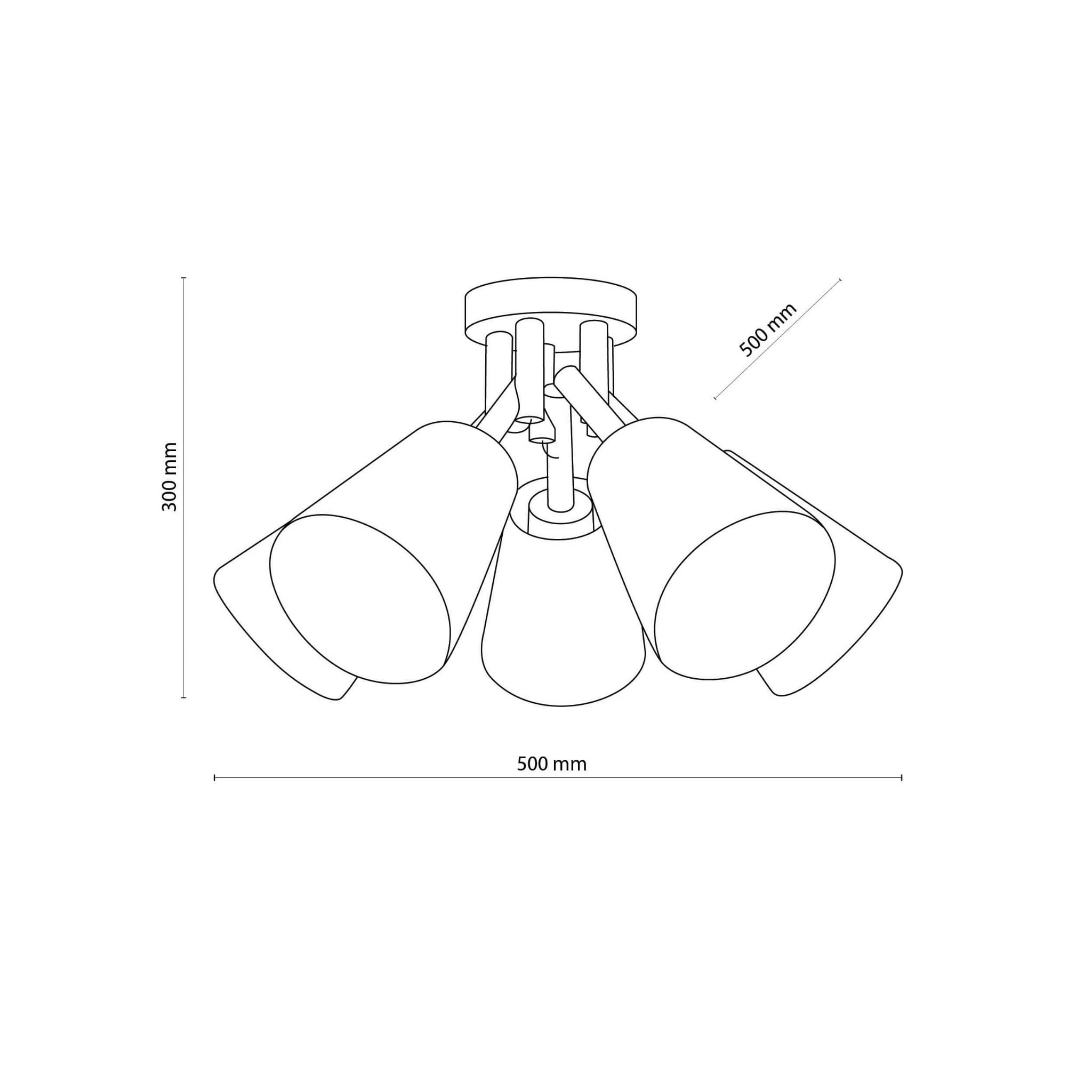 Vaio lampa sufitowa 5-punktowa w kolorze czarnym, o wymiarach 500 mm średnicy i 300 mm wysokości. Składa się z pięciu kloszy zamocowanych na metalowej podstawie, zapewniających równomierne oświetlenie w pomieszczeniu.