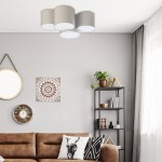 Plafon 4-punktowy Mona Nature w odcieniach szarości z białymi kloszami, zamontowany na suficie. W tle widoczny salon z kanapą, półką i dekoracjami na ścianach.