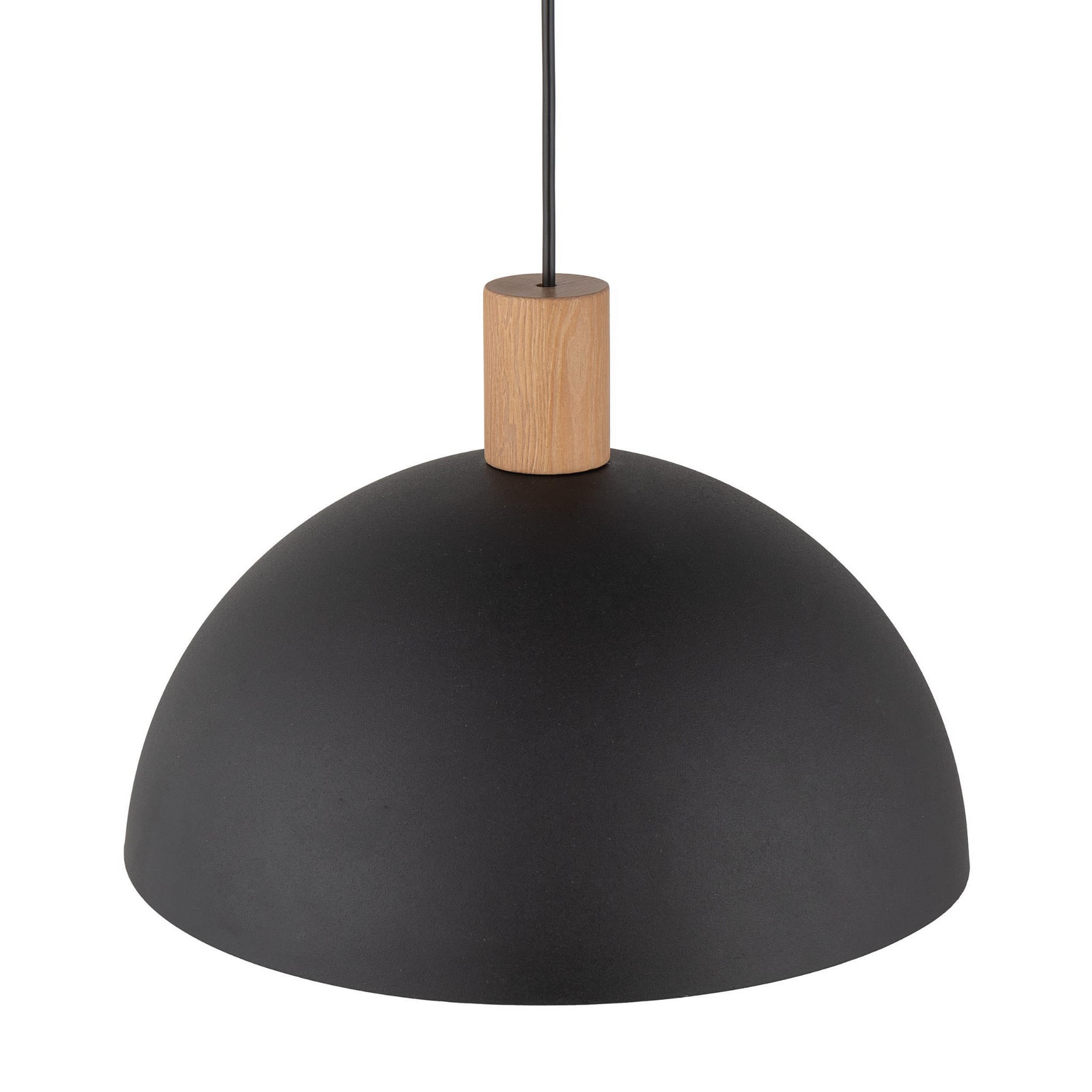 Lampa wisząca Oslo 1-punktowa w kolorze czarnym z matowym wykończeniem. Posiada drewniany element mocujący u góry. Kształt półkulisty, zawieszona na cienkim przewodzie. Idealna do nowoczesnych aranżacji wnętrz.