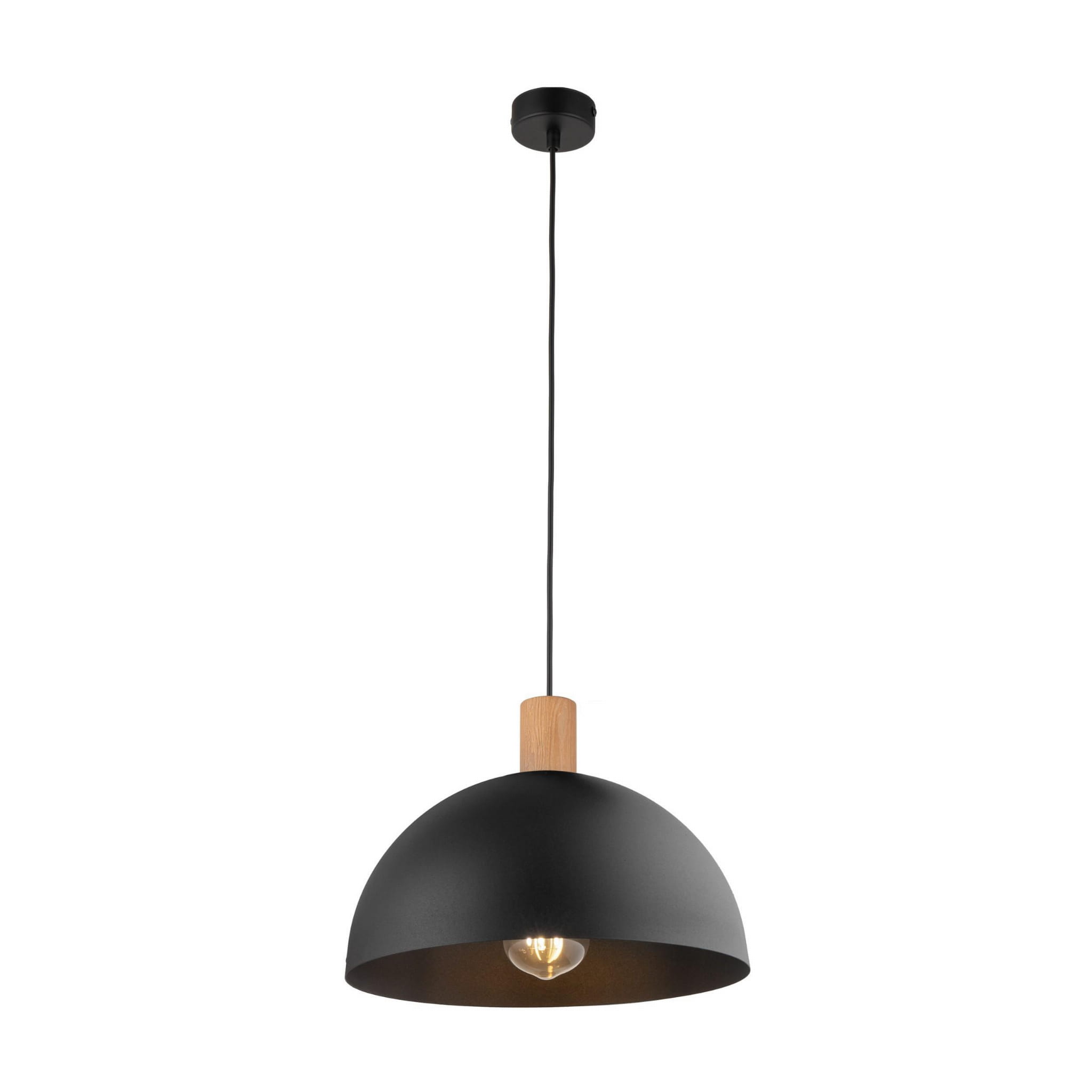 Czarna lampa wisząca Oslo 1-punktowa z metalowym kloszem w kształcie półkuli i drewnianym uchwytem. Zawieszona na czarnym przewodzie, idealna do nowoczesnych wnętrz. Widoczna żarówka wewnątrz klosza.