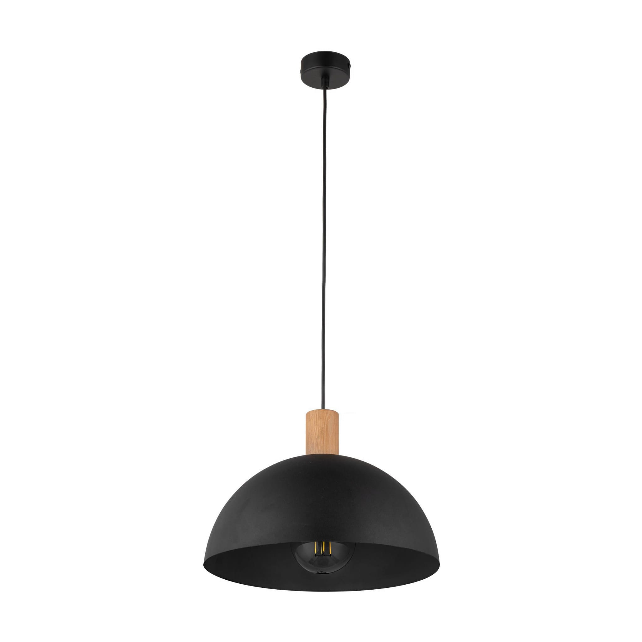 Czarna lampa wisząca Oslo 1-punktowa z matowym kloszem w kształcie półkuli i drewnianym uchwytem. Zawieszona na czarnym przewodzie, prezentuje minimalistyczny design, idealna do nowoczesnych wnętrz.