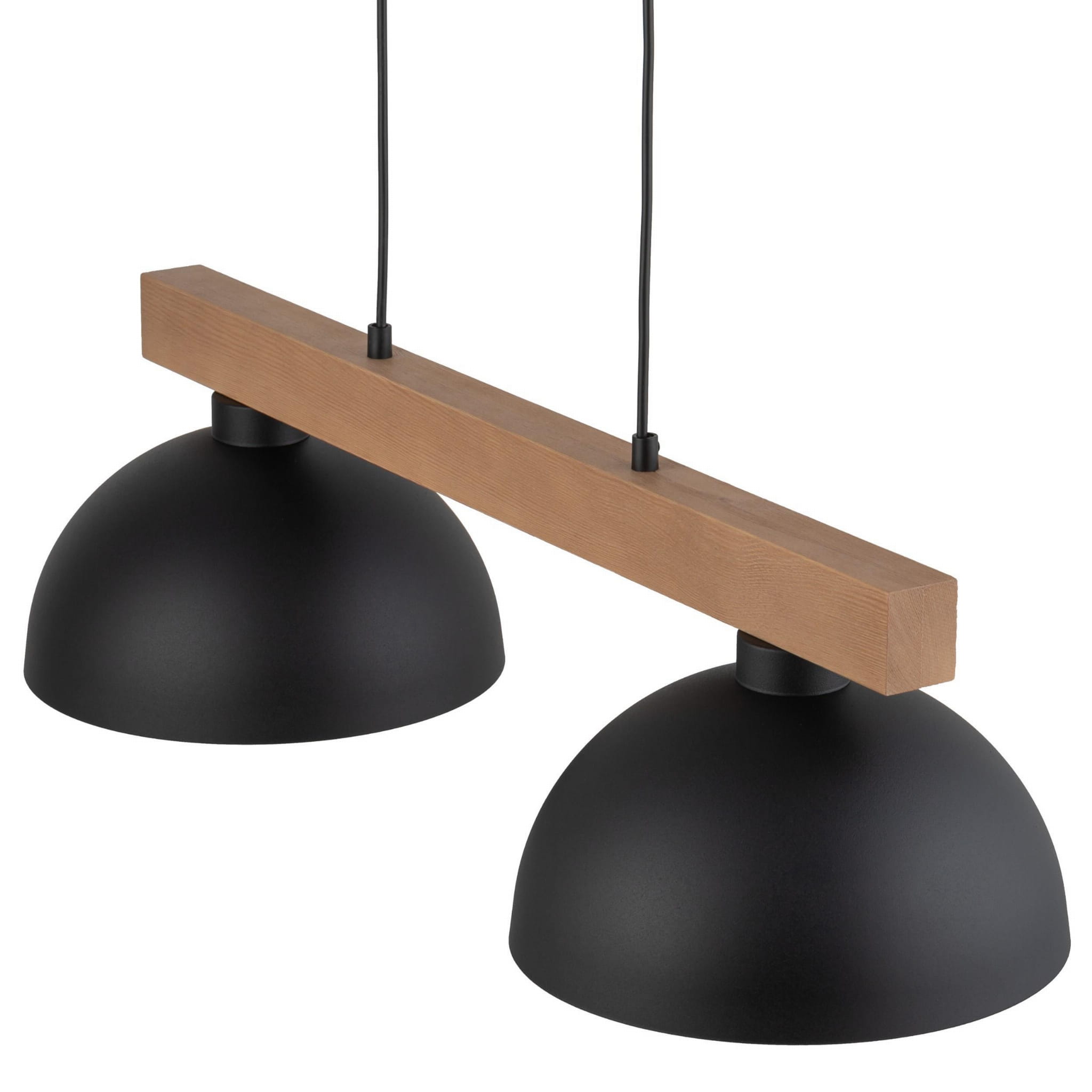 Lampa wisząca Oslo 2-punktowa w kolorze czarnym z dwoma okrągłymi kloszami i drewnianą belką. Klosze mają matową powierzchnię, a lampa zawieszona jest na cienkich czarnych przewodach. Produkt ma nowoczesny design idealny do wnętrz.