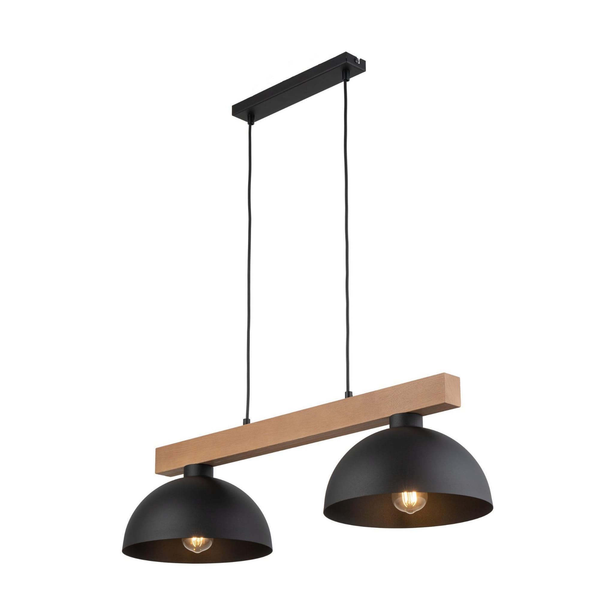 Lampa wisząca Oslo 2-punktowa w kolorze czarnym z metalowymi kloszami w kształcie półkuli. Zamocowana na drewnianej belce, zawieszona na dwóch czarnych przewodach. Prosta konstrukcja idealna do nowoczesnych wnętrz.