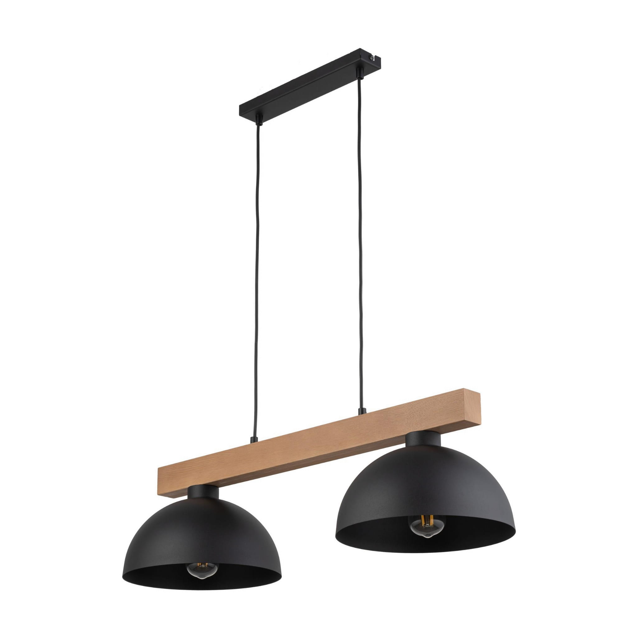 Lampa wisząca Oslo 2-punktowa w kolorze czarnym z drewnianym elementem. Składa się z dwóch okrągłych kloszy oraz prostokątnej belki, zawieszona na czarnych przewodach. Prosta, nowoczesna forma.