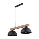Lampa wisząca Oslo 2-punktowa w kolorze czarnym z drewnianym elementem. Składa się z dwóch okrągłych kloszy oraz prostokątnej belki, zawieszona na czarnych przewodach. Prosta, nowoczesna forma.