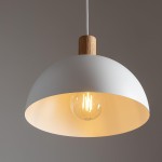 Biała lampa wisząca Oslo 1-punktowa z drewnianym detalem u góry. Okrągły klosz z matowego materiału, wewnątrz ciepłe światło żarówki. Ujęcie frontalne, lampa zawieszona na białym przewodzie, na jednolitym tle.