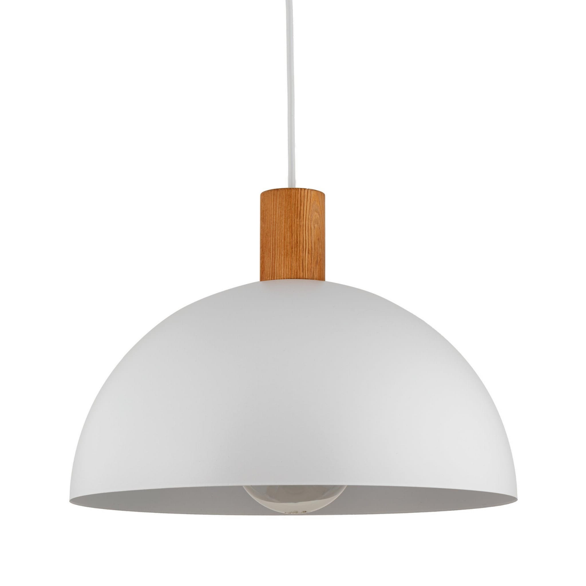 Lampa wisząca Oslo 1-punktowa, w kształcie półkuli, w kolorze białym z drewnianym uchwytem. Zawieszona na białym przewodzie, z widoczną żarówką w środku. Prosty, nowoczesny design, idealna do różnych wnętrz.