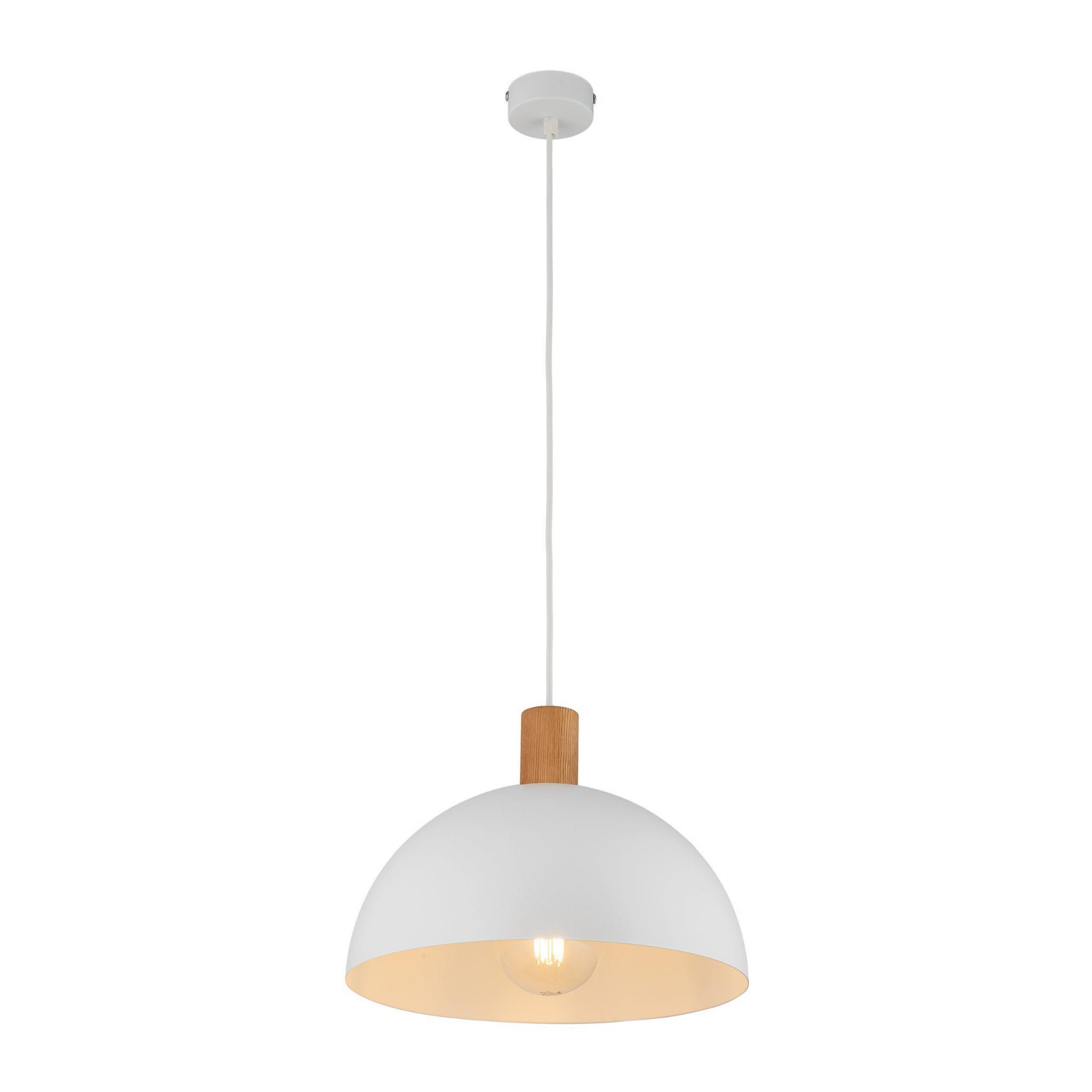 Lampa wisząca Oslo 1-punktowa w kolorze białym z metalowym kloszem w kształcie półkuli i drewnianym uchwytem. Zawieszona na białym przewodzie. Idealna do nowoczesnych wnętrz.
