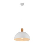 Lampa wisząca Oslo 1-punktowa w kolorze białym z metalowym kloszem w kształcie półkuli i drewnianym uchwytem. Zawieszona na białym przewodzie. Idealna do nowoczesnych wnętrz.