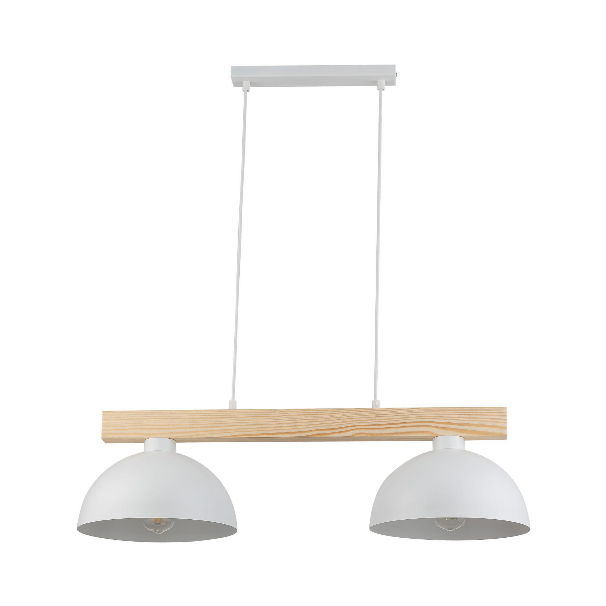 Lampa wisząca Oslo 2-punktowa w białym kolorze z drewnianym, naturalnym uchwytem. Okrągłe klosze w kształcie misek, zawieszone na cienkich linkach. Kąt ujęcia frontalny, na białym tle.
