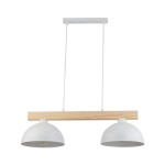 Lampa wisząca Oslo 2-punktowa w białym kolorze z drewnianym, naturalnym uchwytem. Okrągłe klosze w kształcie misek, zawieszone na cienkich linkach. Kąt ujęcia frontalny, na białym tle.