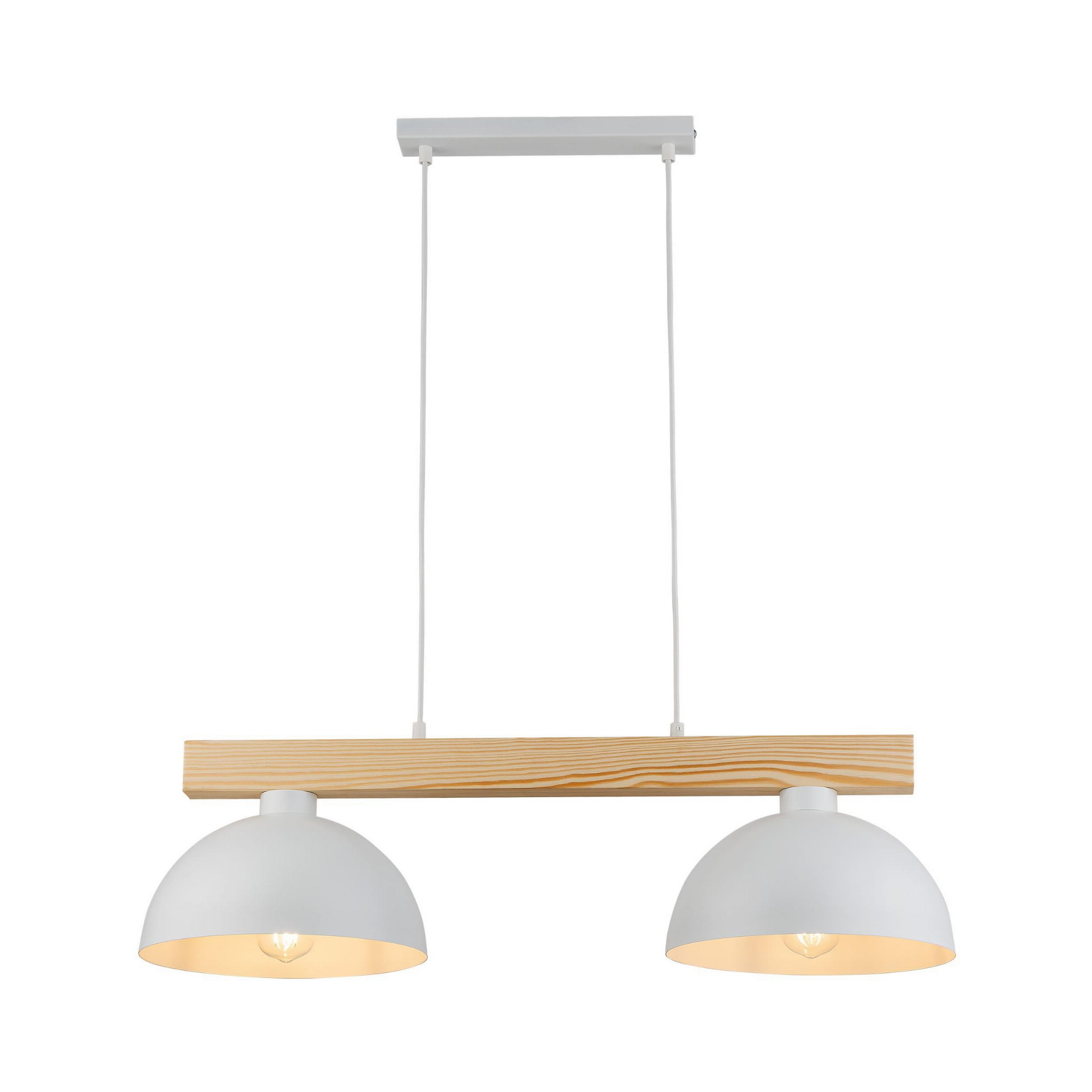 Lampa wisząca Oslo 2-punktowa w białym kolorze z drewnianym uchwytem. Posiada dwa klosze w kształcie półkul, zawieszone na białych linkach. Prosta, nowoczesna forma idealna do aranżacji wnętrz.