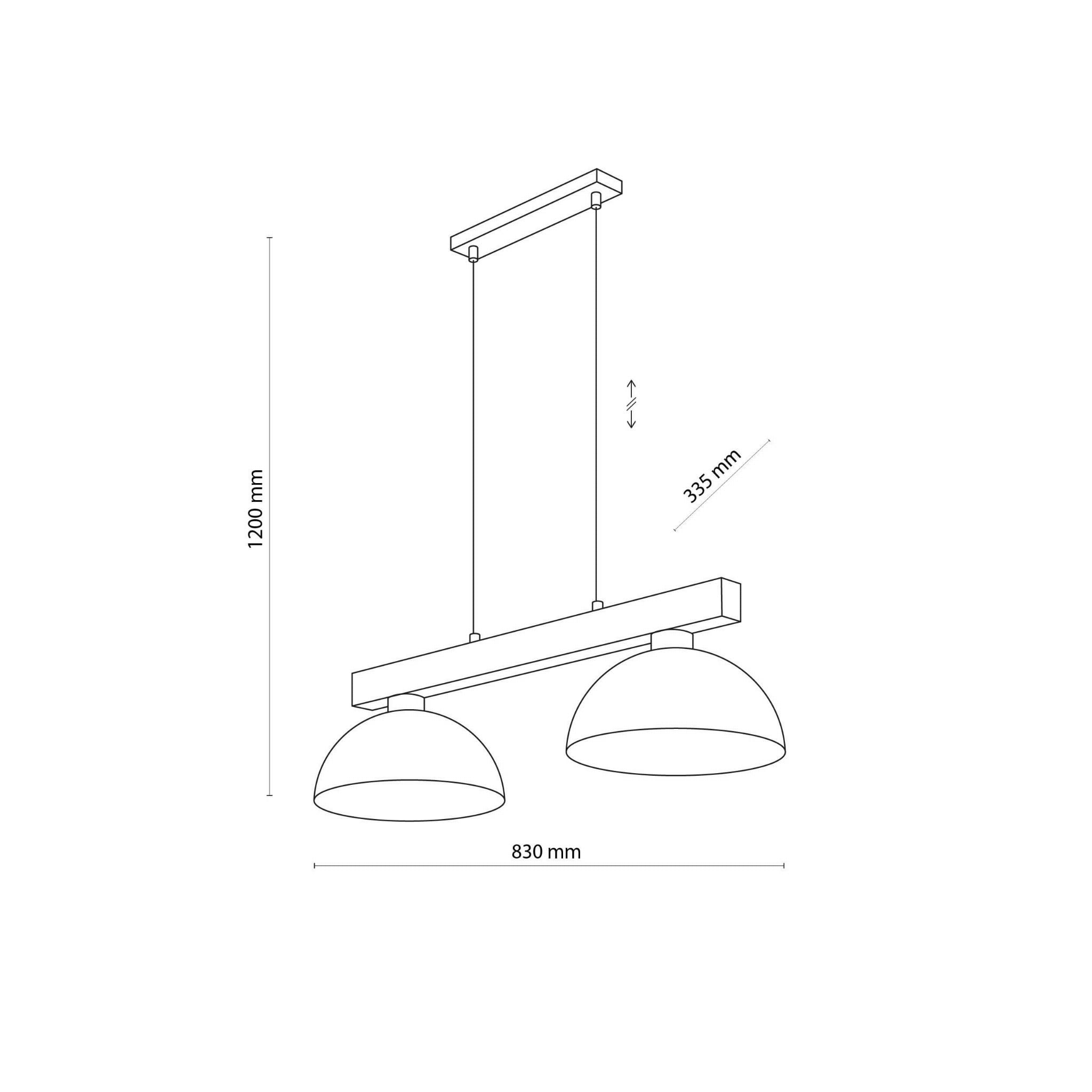 Lampa wisząca Oslo 2-punktowa w kolorze białym, z dwiema okrągłymi kloszami zawieszonymi na prostokątnej belce. Wymiary: długość 830 mm, wysokość 1200 mm, odległość między kloszami 335 mm. Minimalistyczny design odpowiedni do nowoczesnych wnętrz.