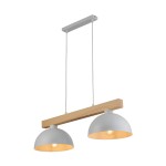 Lampa wisząca Oslo 2-punktowa w kolorze białym z metalowymi kloszami w kształcie półkul i drewnianym elementem nośnym. Produkt zawieszony na dwóch białych linkach, z prostokątnym, metalowym stelażem u góry.