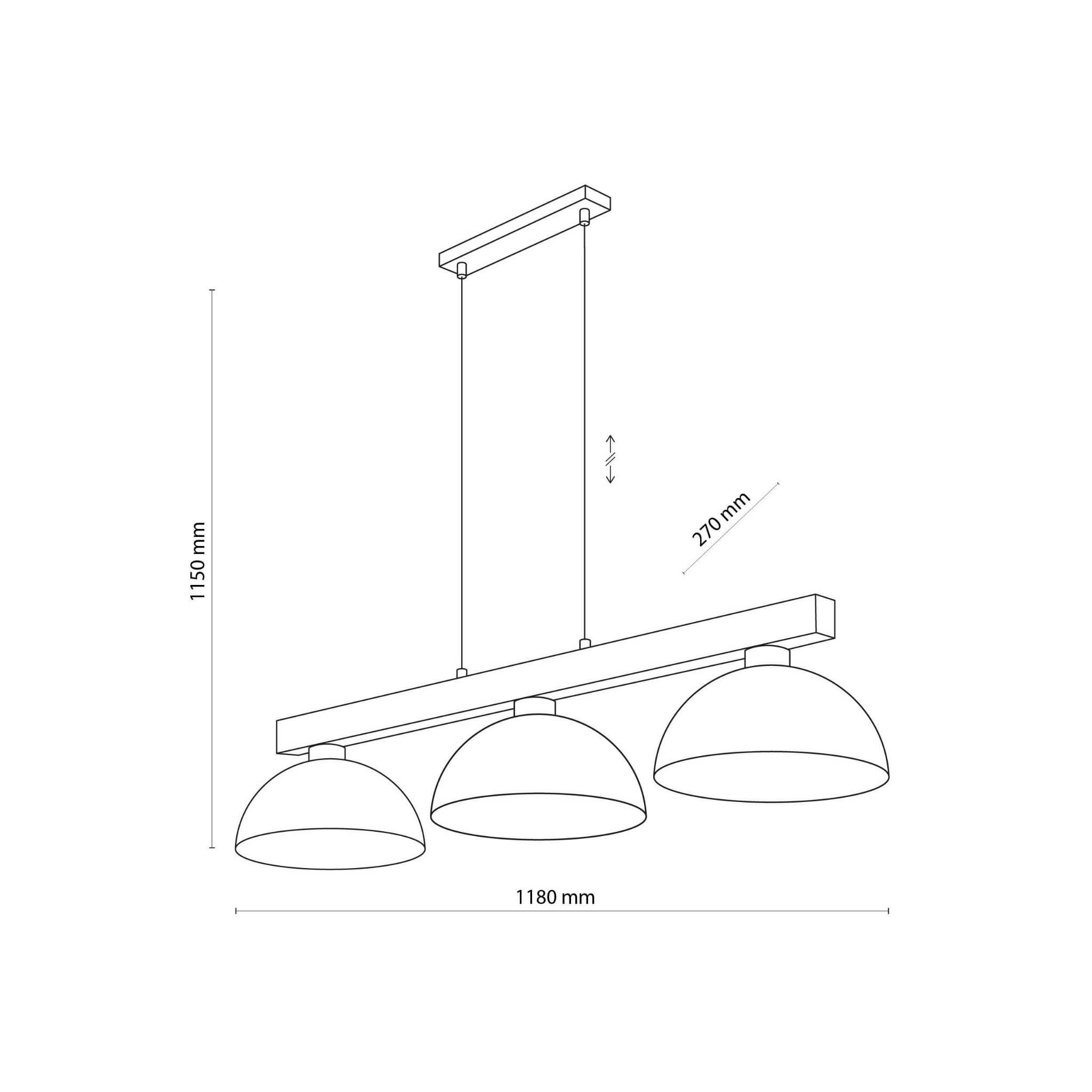 Oslo lampa wisząca 3-punktowa w kolorze białym, z trzema okrągłymi kloszami, zawieszona na prostokątnej belce. Wymiary: długość 1180 mm, wysokość 1150 mm, odstęp 270 mm. Prosta konstrukcja, idealna do nowoczesnych wnętrz.