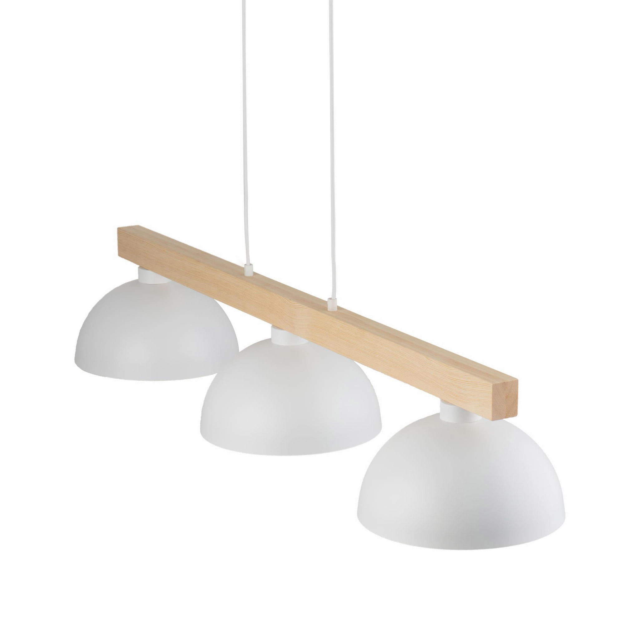 Lampa wisząca Oslo 3-punktowa z białymi, półprzezroczystymi kloszami w kształcie kopuły, zawieszona na drewnianej belce. Ujęcie z przodu, ukazujące wszystkie trzy klosze i ich zawieszenie. Tło jednolite, jasne.