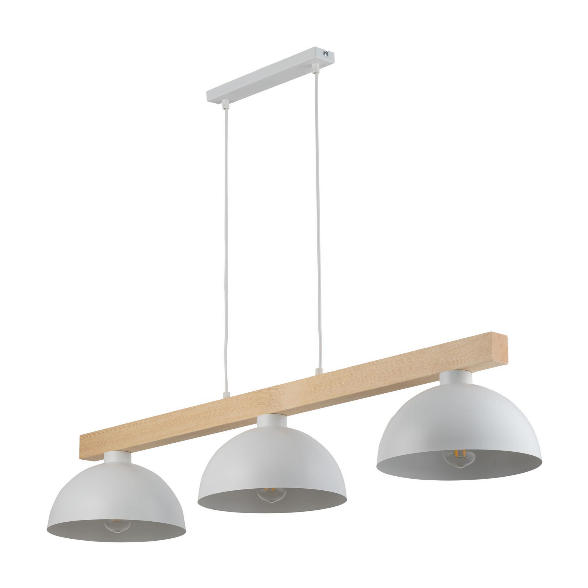 Lampa wisząca Oslo 3-punktowa w kolorze białym z drewnianym elementem, składająca się z trzech okrągłych kloszy. Wisi na dwóch białych linkach z prostokątnym, białym mocowaniem sufitowym. Idealna do nowoczesnych wnętrz.