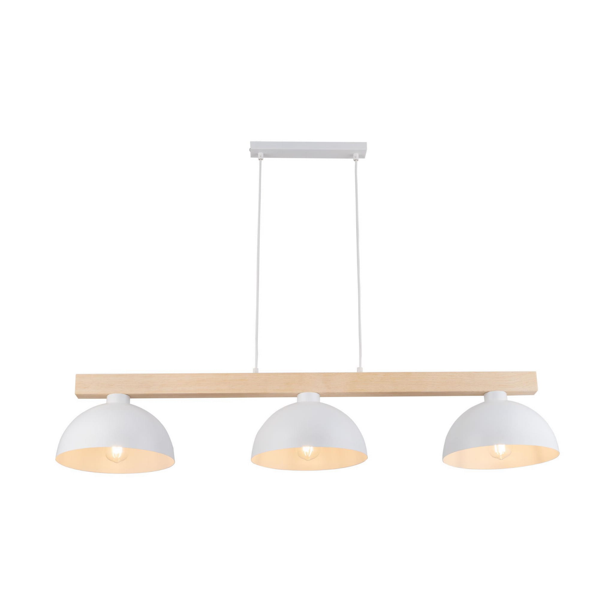 Lampa wisząca Oslo 3-punktowa, z białymi kloszami w kształcie półkul, zawieszona na drewnianym stelażu. Klosze mają jasne wnętrze, a lampa jest zamontowana na prostokątnej, białej podsufitce. Produkt wisi w pozycji poziomej.
