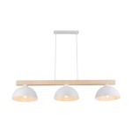 Lampa wisząca Oslo 3-punktowa, z białymi kloszami w kształcie półkul, zawieszona na drewnianym stelażu. Klosze mają jasne wnętrze, a lampa jest zamontowana na prostokątnej, białej podsufitce. Produkt wisi w pozycji poziomej.
