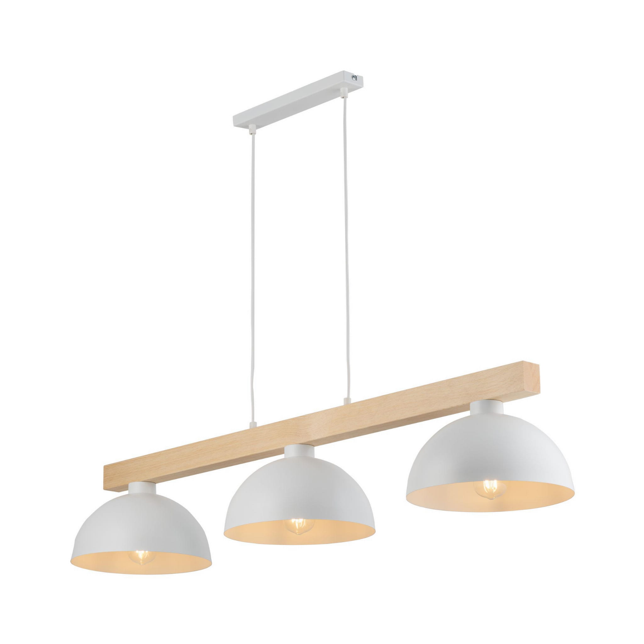 Lampa wisząca Oslo 3-punktowa w białym kolorze z drewnianym elementem. Składa się z trzech okrągłych kloszy, zawieszonych na białych linkach. Montaż sufitowy z prostokątną podstawą. Wnętrze kloszy ma ciepły odcień, zapewniając przytulne oświetlenie.