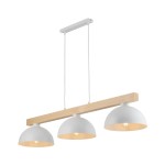 Lampa wisząca Oslo 3-punktowa w białym kolorze z drewnianym elementem. Składa się z trzech okrągłych kloszy, zawieszonych na białych linkach. Montaż sufitowy z prostokątną podstawą. Wnętrze kloszy ma ciepły odcień, zapewniając przytulne oświetlenie.