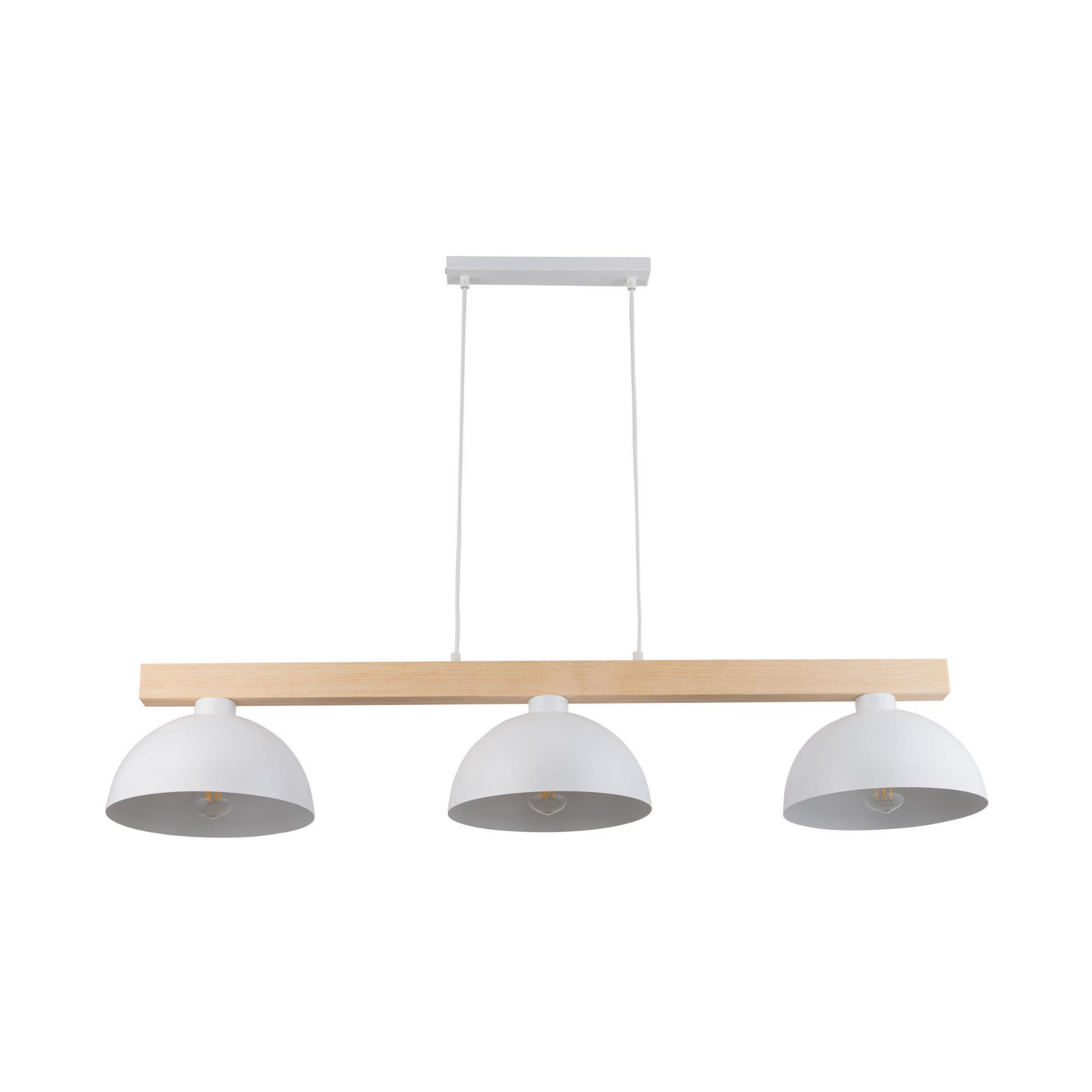 Lampa wisząca Oslo 3-punktowa w kolorze białym z drewnianym uchwytem. Zawieszona na dwóch przewodach, z trzema okrągłymi kloszami. Klosze mają matową fakturę i są umieszczone na poziomej belce. Tło białe, minimalistyczne.
