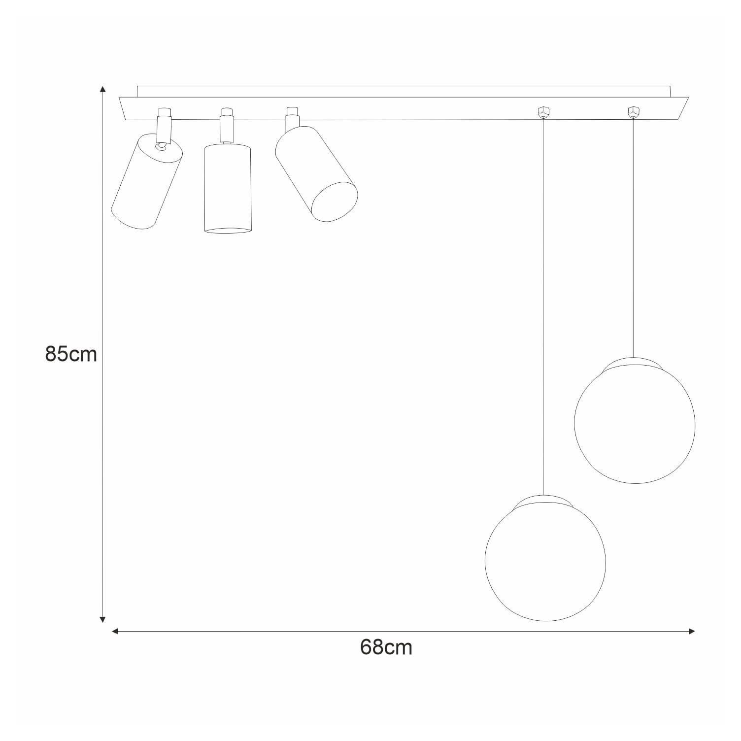 Albio lampa wisząca 5-punktowa w kolorze czarnym. Posiada trzy cylindryczne źródła światła oraz dwa okrągłe. Wymiary: 85 cm wysokości, 68 cm szerokości. Produkt zawieszony na prostokątnej podstawie.