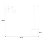 Lampa wisząca 3-punktowa Albio K-4137 w kolorze czarnym, z dwoma cylindrycznymi kloszami i jedną okrągłą kulą. Wymiary: długość 68 cm, wysokość 85 cm, średnica kuli 14 cm. Zawieszona na prostokątnej podsufitce.