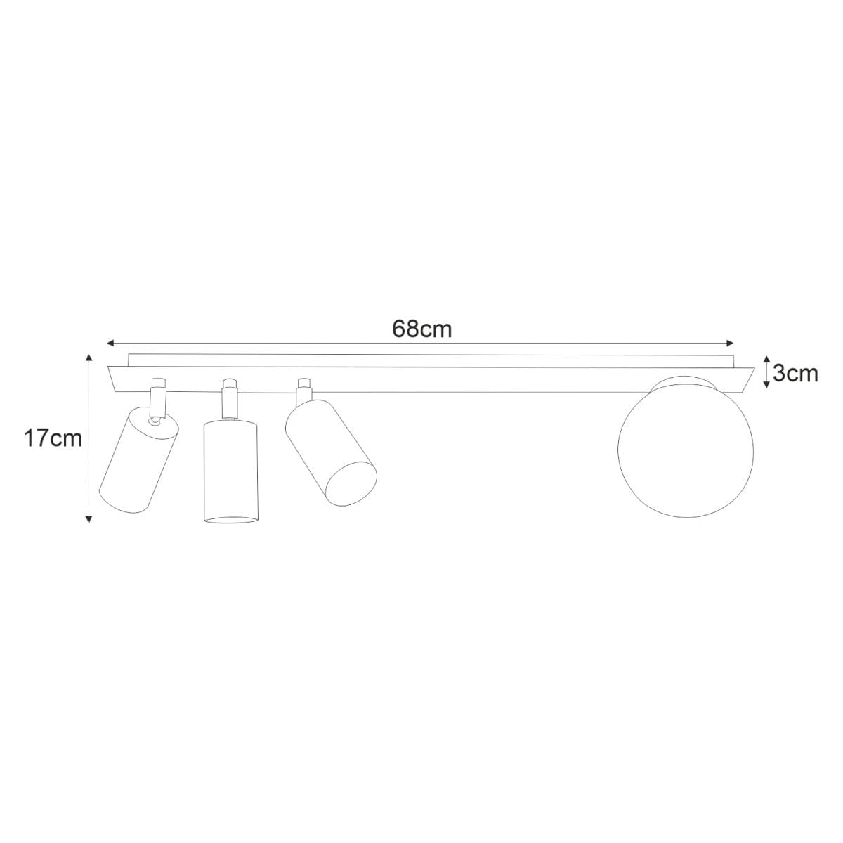 Czarna lampa sufitowa Albio z czterema punktami świetlnymi. Wymiary: długość 68 cm, wysokość 17 cm, szerokość 3 cm. Posiada cylindryczne klosze i okrągłą podstawę, idealna do nowoczesnych wnętrz.