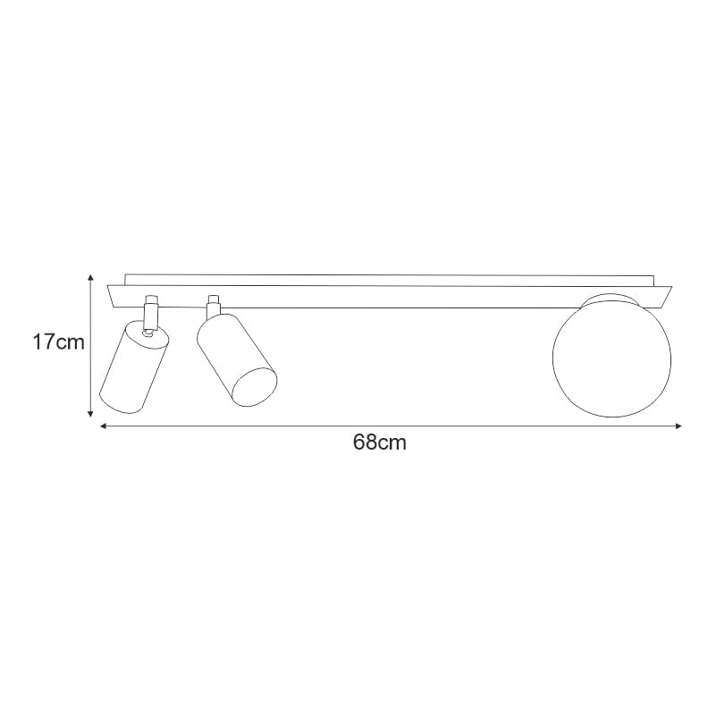 Czarna lampa sufitowa Albio z trzema punktami świetlnymi, o wymiarach 68 cm długości i 17 cm wysokości. Prosta konstrukcja z prostokątną podstawą oraz okrągłym elementem. Stylowy i minimalistyczny design, idealna do nowoczesnych wnętrz.