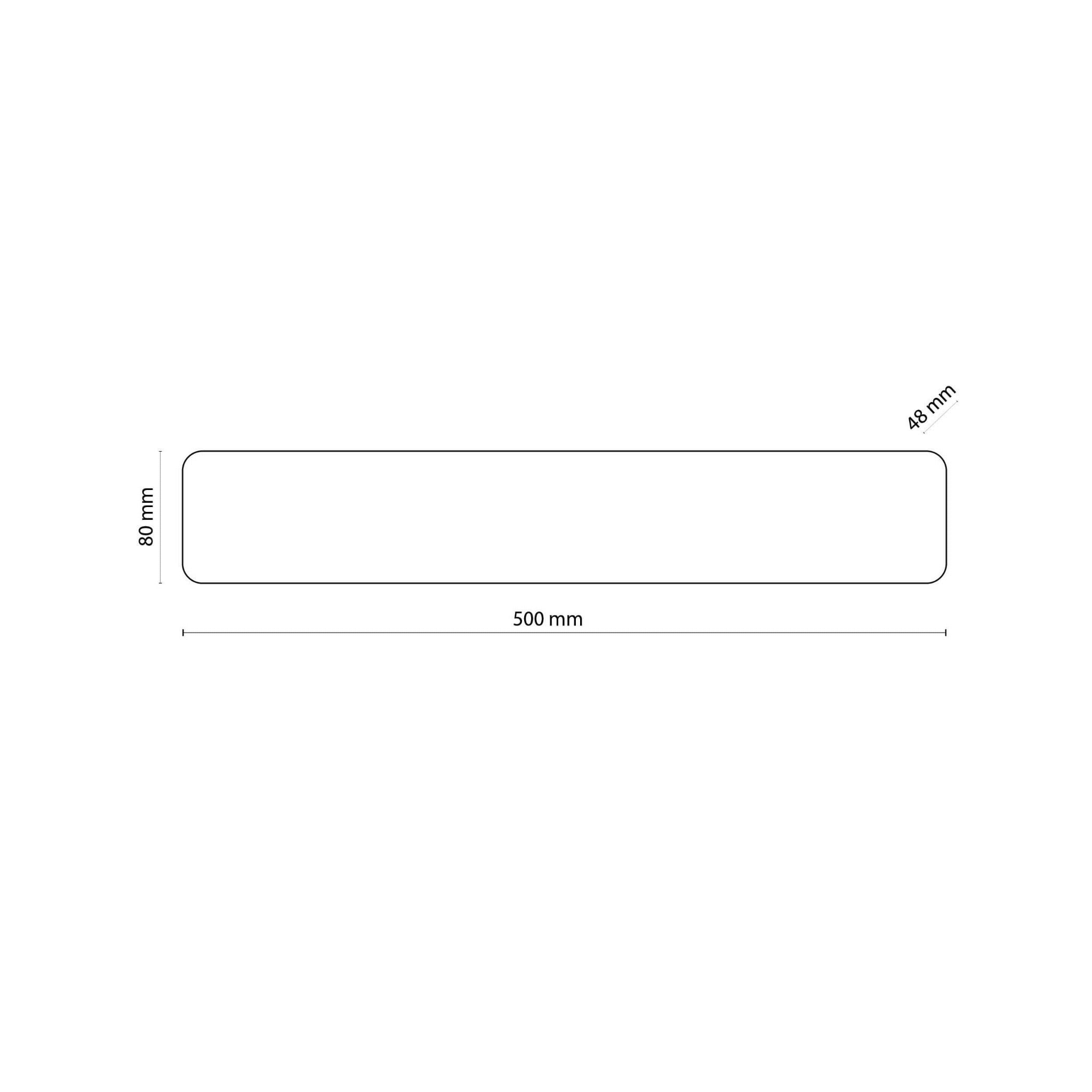 Kinkiet Tavola Long 2-punktowy o wymiarach 500 mm x 80 mm x 48 mm, prostokątny, z zaokrąglonymi krawędziami. Produkt w kolorze białym, montowany na ścianie, idealny do oświetlenia wnętrz.