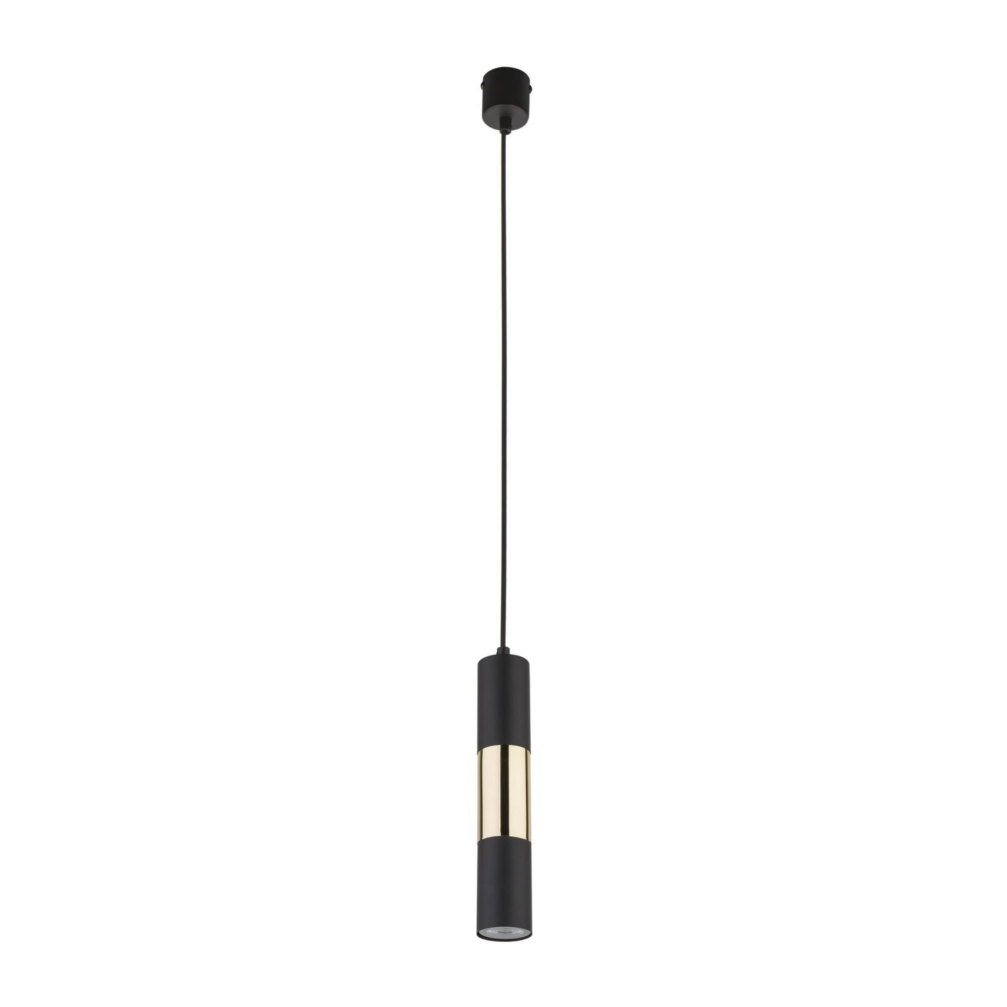 Lampa wisząca Vivien 1-punktowa w kolorze czarnym z elementami złotymi. Posiada cylindryczny kształt, zawieszona na długim przewodzie. Idealna do nowoczesnych wnętrz. Tło proste, podkreślające elegancki design.