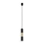 Lampa wisząca Vivien 1-punktowa w kolorze czarnym z elementami złotymi. Posiada cylindryczny kształt, zawieszona na długim przewodzie. Idealna do nowoczesnych wnętrz. Tło proste, podkreślające elegancki design.