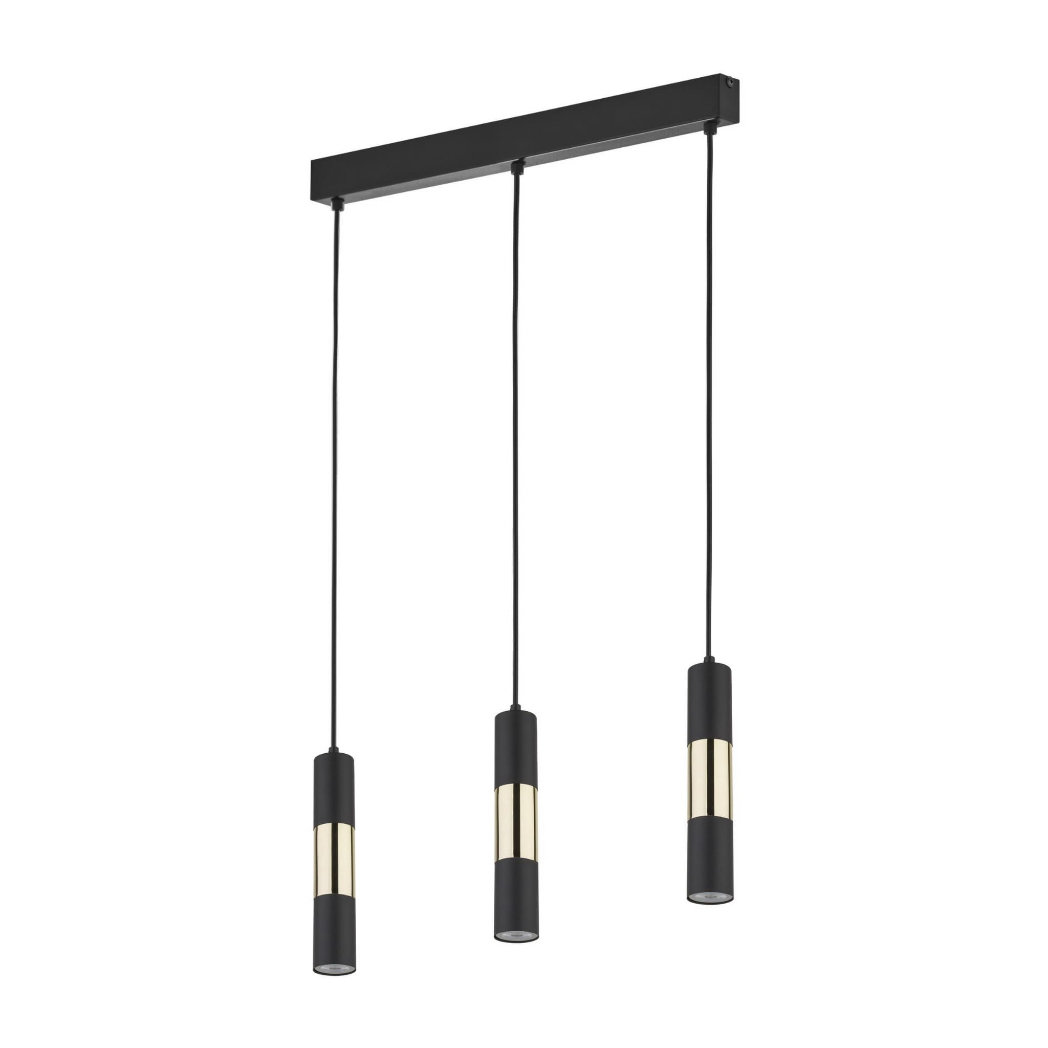 Lampa wisząca Vivien 3-punktowa w kolorze czarnym i złotym. Składa się z trzech cylindrycznych źródeł światła zawieszonych na cienkich linkach. Kąt ujęcia: z przodu, na jednolitym tle. Metalowa konstrukcja z matowym wykończeniem.