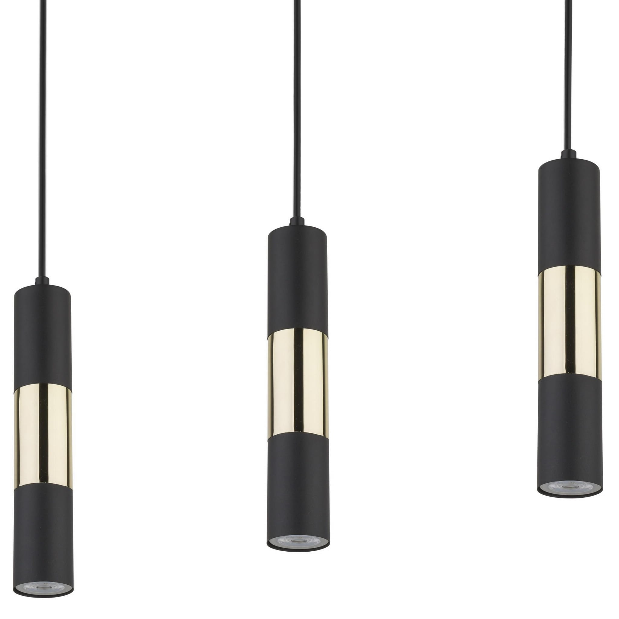 Lampa wisząca Vivien 3-punktowa w kolorze czarnym i złotym. Składa się z trzech cylindrycznych opraw z matowego metalu z połyskującymi złotymi elementami. Zawieszona na cienkich przewodach, idealna do nowoczesnych wnętrz.